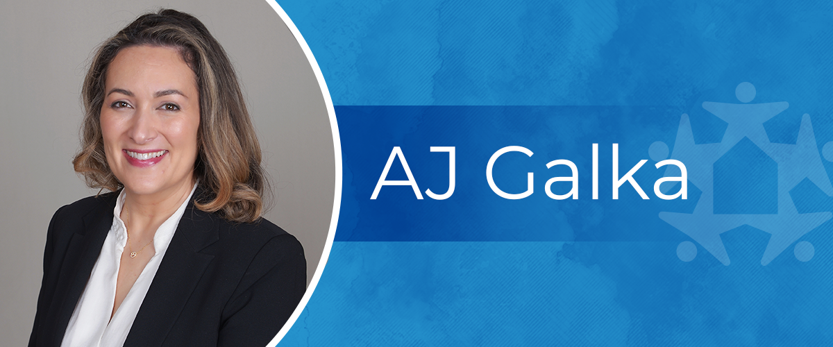 Portrait of AJ Galka with a blue background and name displayed beside the image